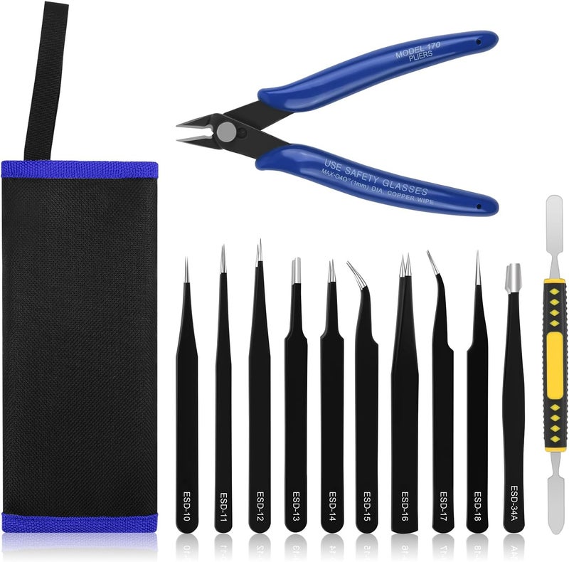 Ainiv Precision Tweezers Set, 11PCS Anti-Static ESD Tweezers Set with 1PCS Micro Wire Cutter for Modeling, Electronic Repair, Handicraft, Laboratory, Jewelry Manufacturing, Hobby etc - Image 1